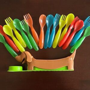 Toddler ergonomic plastic forks and spoons set of 8 and Wiener Dog Weiner Slicer